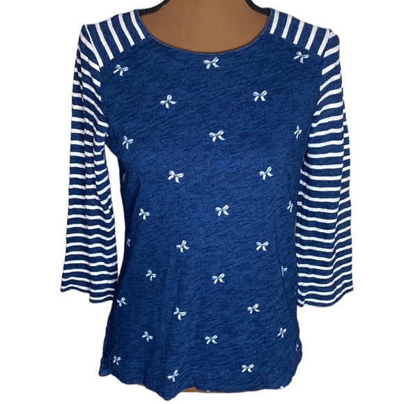 Madewell indigo ink 3/4 sleeve cotton top bows and stripes size S - Picture 2 of 12